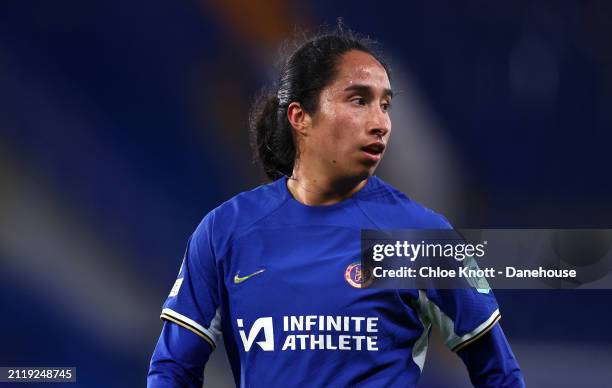 Mayra Ramirez of Chelsea in action during the UEFA Women's Champions League 2023/24 Quarter Final Leg Two match between Chelsea FC Women and AFC Ajax...