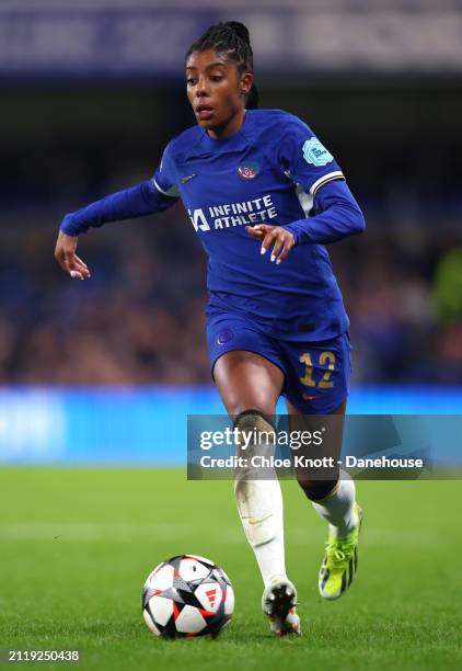 Ashley Lawrence of Chelsea controls the ball during the UEFA Women's Champions League 2023/24 Quarter Final Leg Two match between Chelsea FC Women...