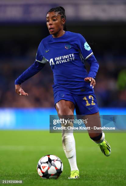 Ashley Lawrence of Chelsea controls the ball during the UEFA Women's Champions League 2023/24 Quarter Final Leg Two match between Chelsea FC Women...