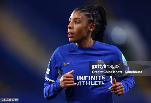 Ashley Lawrence of Chelsea looks on during the UEFA Women's Champions League 2023/24 Quarter Final Leg Two match between Chelsea FC Women and AFC...