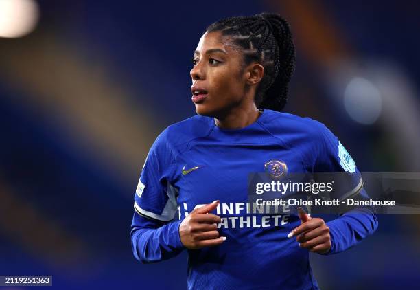 Ashley Lawrence of Chelsea looks on during the UEFA Women's Champions League 2023/24 Quarter Final Leg Two match between Chelsea FC Women and AFC...