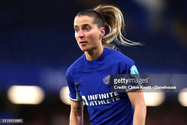 Jelena Cankovic of Chelsea looks on during the UEFA Women's Champions League 2023/24 Quarter Final Leg Two match between Chelsea FC Women and AFC...