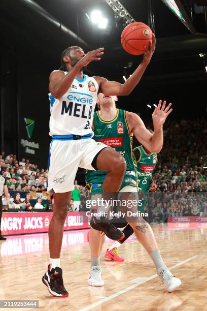 Ian Clark of United drives to the basket during game four of the NBL Championship Grand Final Series between Tasmania JackJumpers and Melbourne...