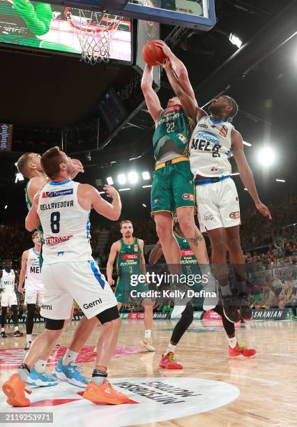 Will Magnay of the JackJumpers and Ian Clark of United compete for the ball during game four of the NBL Championship Grand Final Series between...