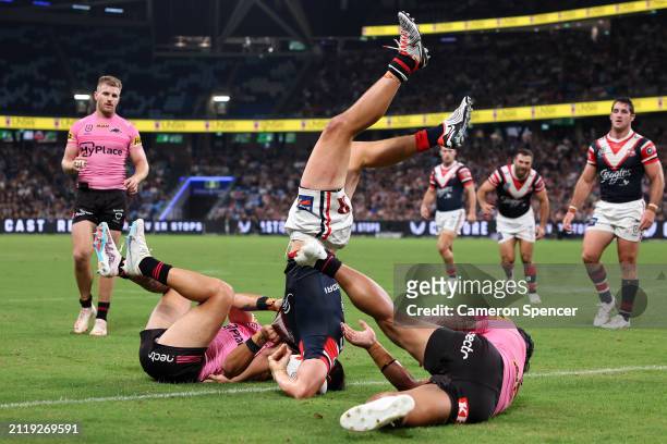 Joseph Manu of the Roosters scores a try, which was then disallowed by the video bunker during the round four NRL match between Sydney Roosters and...
