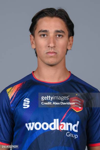 Robin Das of Essex poses for a photo in the Vitality Blast kit during the Essex CCC photocall at The Cloud County Ground on March 27, 2024 in...