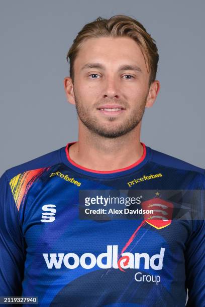 Aaron Beard of Essex poses for a photo in the Vitality Blast kit during the Essex CCC photocall at The Cloud County Ground on March 27, 2024 in...