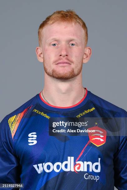 Jordan Cox of Essex poses for a photo in the Vitality Blast kit during the Essex CCC photocall at The Cloud County Ground on March 27, 2024 in...