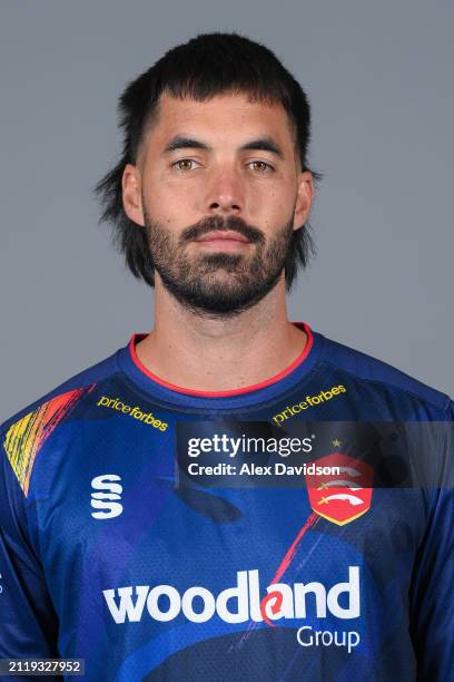 Shane Snater of Essex poses for a photo in the Vitality Blast kit during the Essex CCC photocall at The Cloud County Ground on March 27, 2024 in...