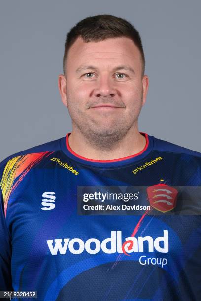 Adam Rossington of Essex poses for a photo in the Vitality Blast kit during the Essex CCC photocall at The Cloud County Ground on March 27, 2024 in...