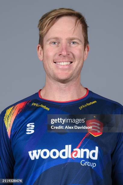 Simon Harmer of Essex poses for a photo in the Vitality Blast kit during the Essex CCC photocall at The Cloud County Ground on March 27, 2024 in...