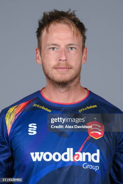 Tom Westley of Essex poses for a photo in the Vitality Blast kit during the Essex CCC photocall at The Cloud County Ground on March 27, 2024 in...