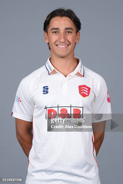 Robin Das of Essex poses for a photo in the Vitality Championship kit during the Essex CCC photocall at The Cloud County Ground on March 27, 2024 in...