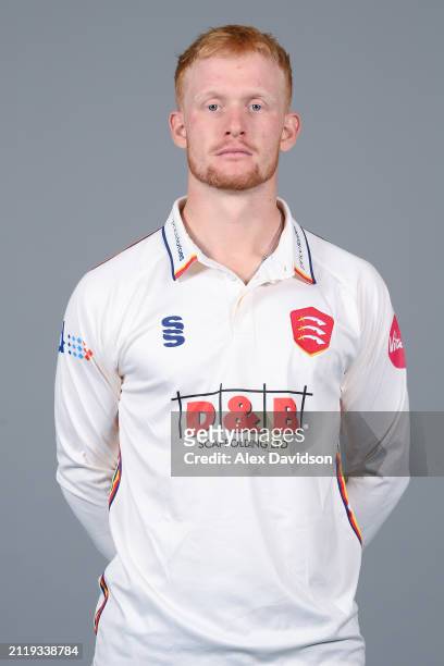 Jordan Cox of Essex poses for a photo in the Vitality Championship kit during the Essex CCC photocall at The Cloud County Ground on March 27, 2024 in...
