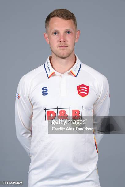 Jamie Porter of Essex poses for a photo in the Vitality Championship kit during the Essex CCC photocall at The Cloud County Ground on March 27, 2024...