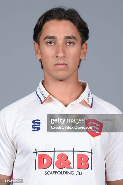 Robin Das of Essex poses for a photo in the Vitality Championship kit during the Essex CCC photocall at The Cloud County Ground on March 27, 2024 in...