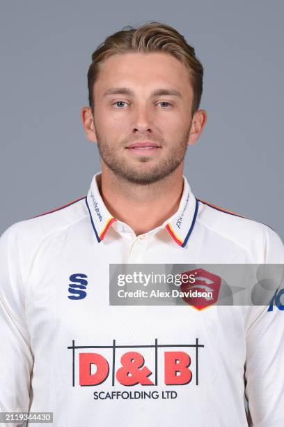 Aaron Beard of Essex poses for a photo in the Vitality Championship during the Essex CCC photocall at The Cloud County Ground on March 27, 2024 in...