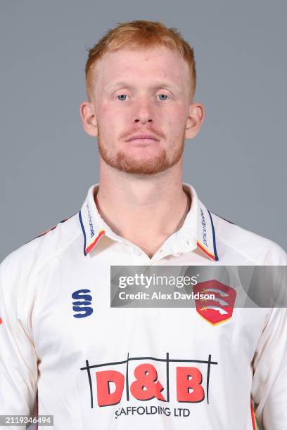 Jordan Cox of Essex poses for a photo in the Vitality Championship kit during the Essex CCC photocall at The Cloud County Ground on March 27, 2024 in...