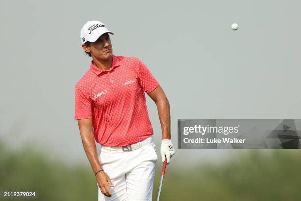 Matteo Manassero of Italy plays his third shot on the 10th green during day one of the Hero Indian Open at DLF Golf and County Club on March 28, 2024...