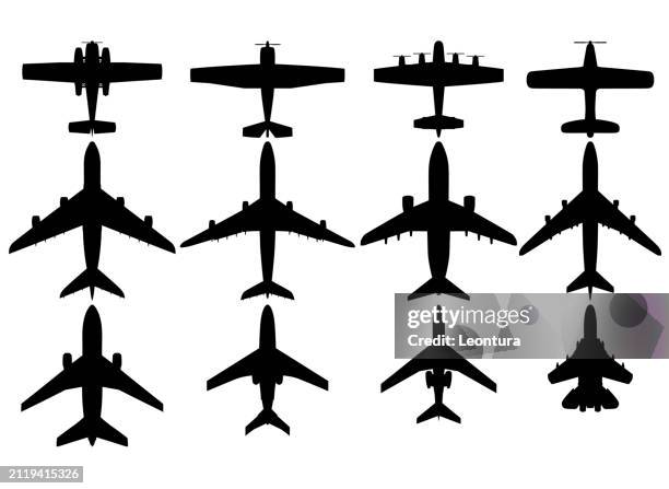 stockillustraties, clipart, cartoons en iconen met airplanes from above silhouette - bedrijfsvliegtuig