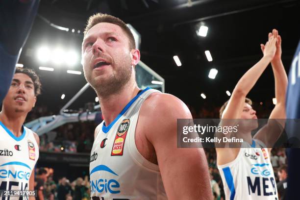 Matthew Dellavedova of United celebrates the win during game four of the NBL Championship Grand Final Series between Tasmania JackJumpers and...