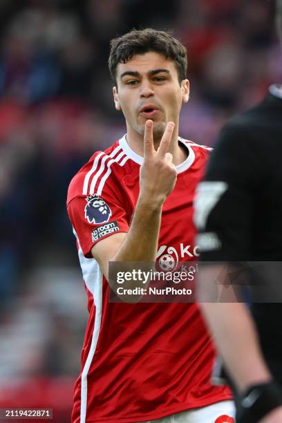 Gio Reyna of Nottingham Forest is gesturing during the Premier League match between Nottingham Forest and Crystal Palace at the City Ground in...