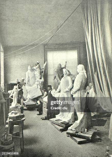 in sculptor's art studio, men working - sculptor working stock illustrations