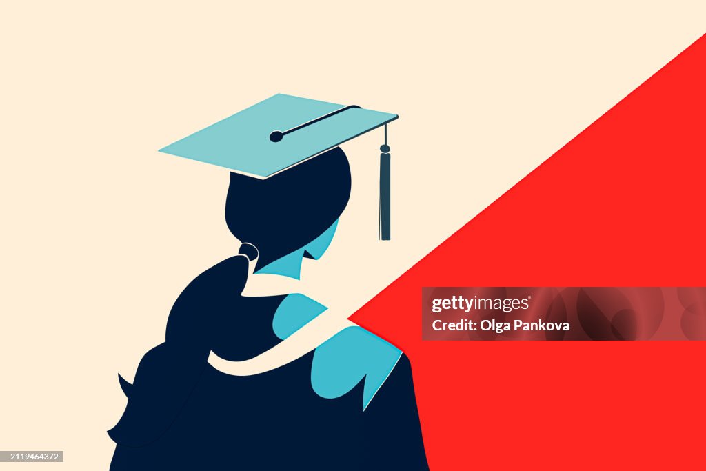 Graduation day achievement. Silhouette of a female scholar wearing a cap, over a dual-toned backdrop. Digital illustration.