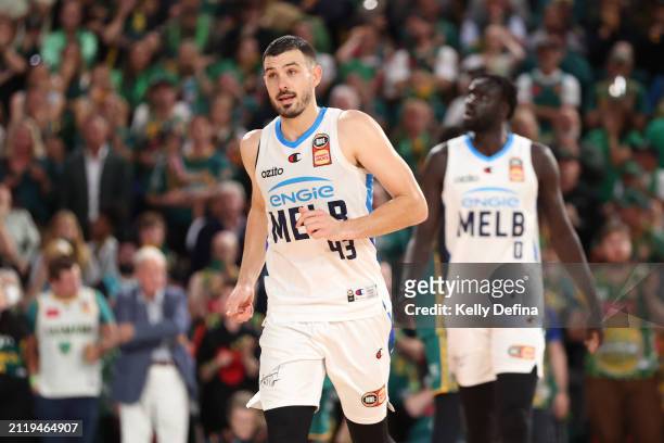 Chris Goulding of United reacts in the final minute during game four of the NBL Championship Grand Final Series between Tasmania JackJumpers and...
