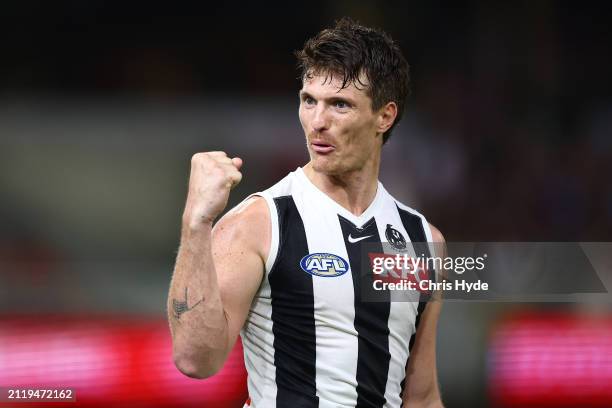 Brody Mihocek of the Magpies celebrates a goal during the round three AFL match between Brisbane Lions and Collingwood Magpies at The Gabba, on March...