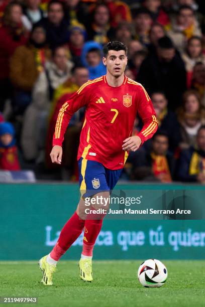 Alvaro Morata of Spain in action during the friendly match between Spain and Brazil at Estadio Santiago Bernabeu on March 26, 2024 in Madrid, Spain.