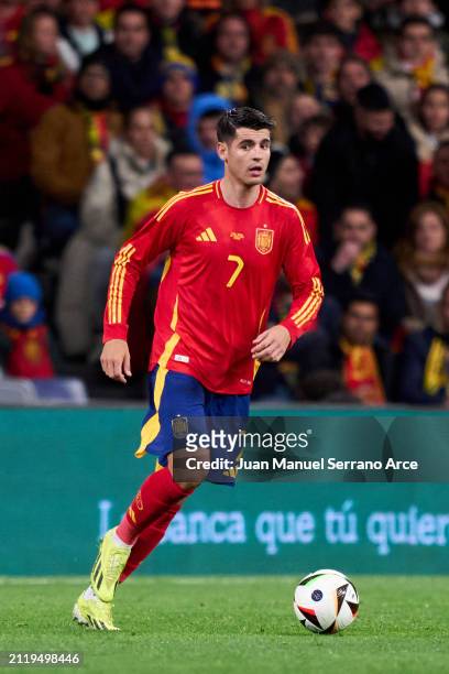 Alvaro Morata of Spain in action during the friendly match between Spain and Brazil at Estadio Santiago Bernabeu on March 26, 2024 in Madrid, Spain.