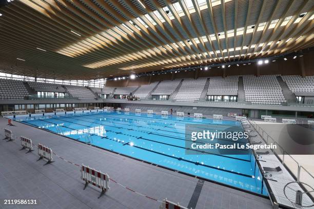 General view of the Olympic Aquatic Centre on March 28, 2024 in Paris, France. Paris will host the Summer Olympics from July 26 till August 11, 2024.