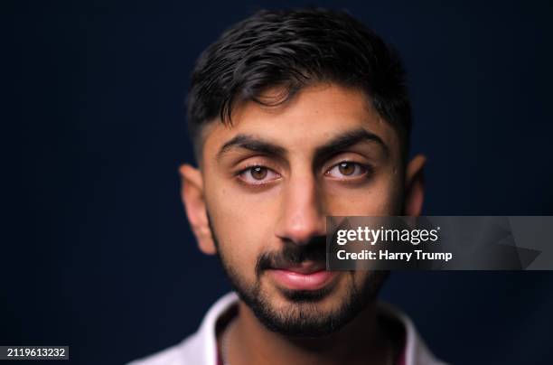 Shoaib Bashir of Somerset poses for a portrait during the Somerset CCC Photocall at the Cooper Associates County Ground on March 28, 2024 in Taunton,...