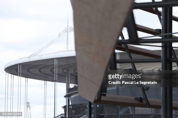General view of the Olympic Aquatic Centre with Stade de France in the background on March 28, 2024 in Paris, France. Paris will host the Summer...