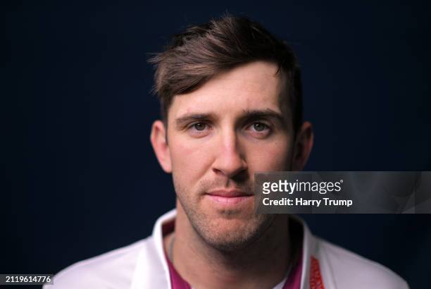 Craig Overton of Somerset poses for a portrait during the Somerset CCC Photocall at the Cooper Associates County Ground on March 28, 2024 in Taunton,...