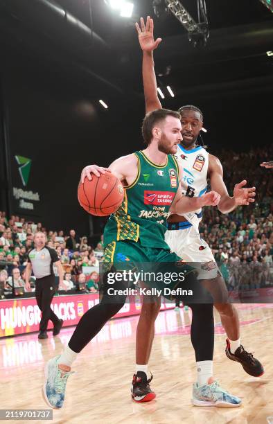 Sean Macdonald of the JackJumpers handles the ball against Ian Clark of United during game four of the NBL Championship Grand Final Series between...