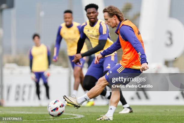 Luka Modric player of Real Madrid is training at Valdebebas training ground on March 28, 2024 in Madrid, Spain.