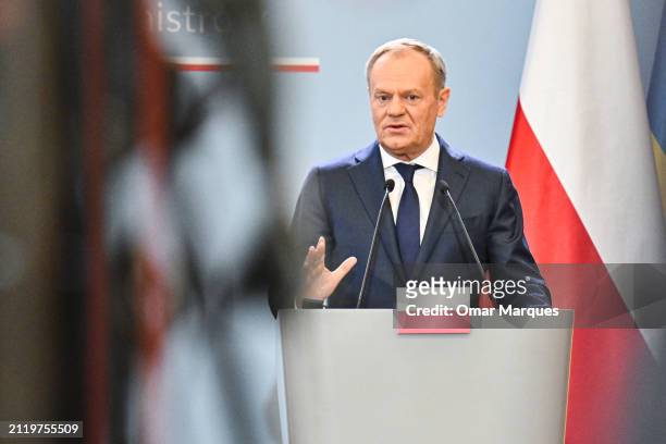 Poland's Prime Minister, Donald Tusk delivers a press statement together with Ukraine’s Prime Minister, Denys Shmyhal after bilateral meetings at the...