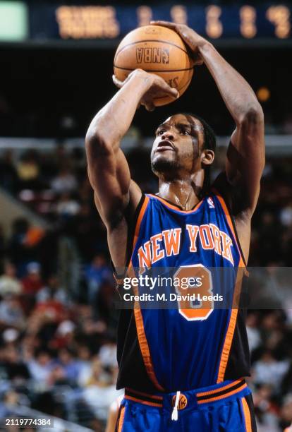 Latrell Sprewell, Small Forward and Shooting Guard for the New York Knicks attempts to make a free throw shot during the NBA Atlantic Division...