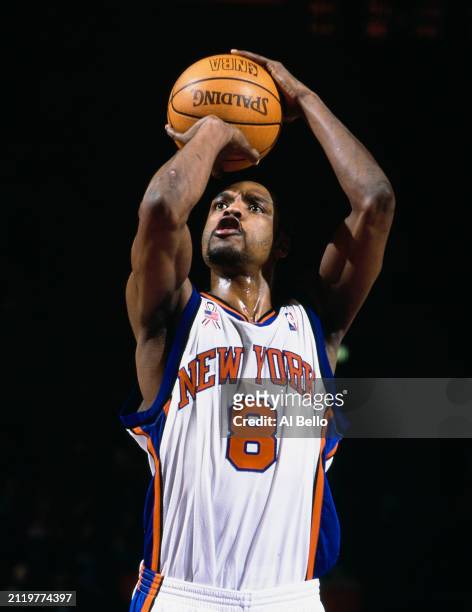 Latrell Sprewell, Small Forward and Shooting Guard for the New York Knicks attempts to make a free throw shot during the NBA Atlantic Division...