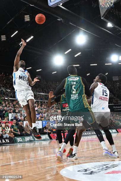Ian Clark of United sh during game four of the NBL Championship Grand Final Series between Tasmania Jackjumpers and Melbourne United at MyState Bank...