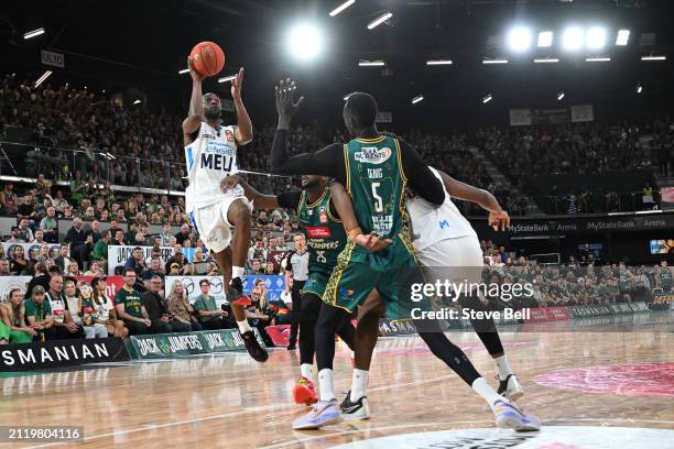 Ian Clark of United sh during game four of the NBL Championship Grand Final Series between Tasmania Jackjumpers and Melbourne United at MyState Bank...