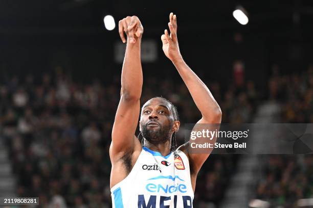 Ian Clark of United shoots during game four of the NBL Championship Grand Final Series between Tasmania Jackjumpers and Melbourne United at MyState...