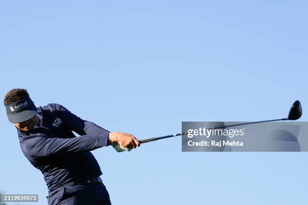 Beau Hossler of the United States hits a tee shot on the fifth hole during the first round of the Texas Children's Houston Open at Memorial Park Golf...