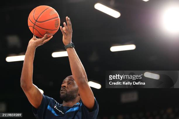 Ian Clark of United warms up game four of the NBL Championship Grand Final Series between Tasmania JackJumpers and Melbourne United at MyState Bank...