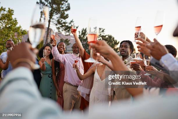 happy guests toasting drinks with newlywed groom and bride - 70s wedding black couple stock pictures, royalty-free photos & images