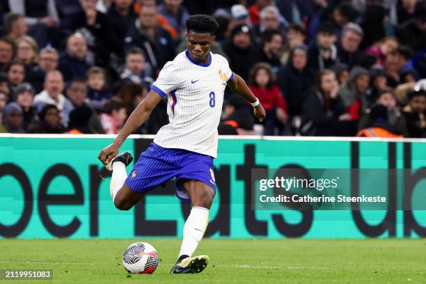 Aurelien Tchouameni of France shoots the ball during the international friendly match between France and Chile at Stade Velodrome on March 26, 2024...