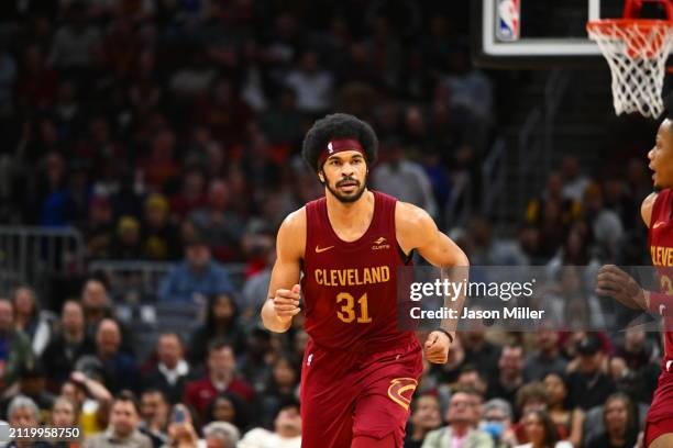 Jarrett Allen of the Cleveland Cavaliers runs down court during the second half against the Charlotte Hornets at Rocket Mortgage Fieldhouse on March...