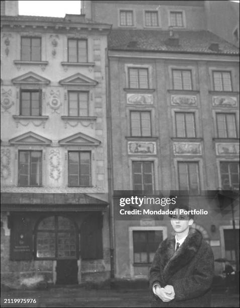 The Italian pianist Maurizio Pollini in front of the facade of a building in the Polish city, after his victory at the International Piano...